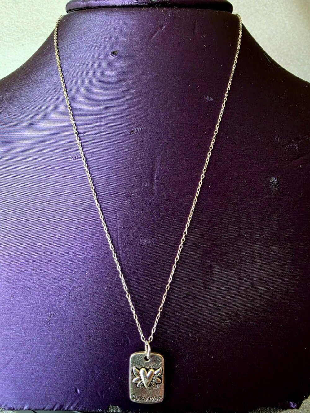 925 Sterling Silver Survivor Winged Heart Dog Tag Pendant Necklace Signed LA